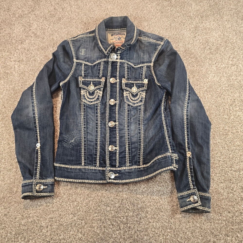 Y2K True Religion Big T Stitch Denim Trucker Jacket Dark Wash XS TP